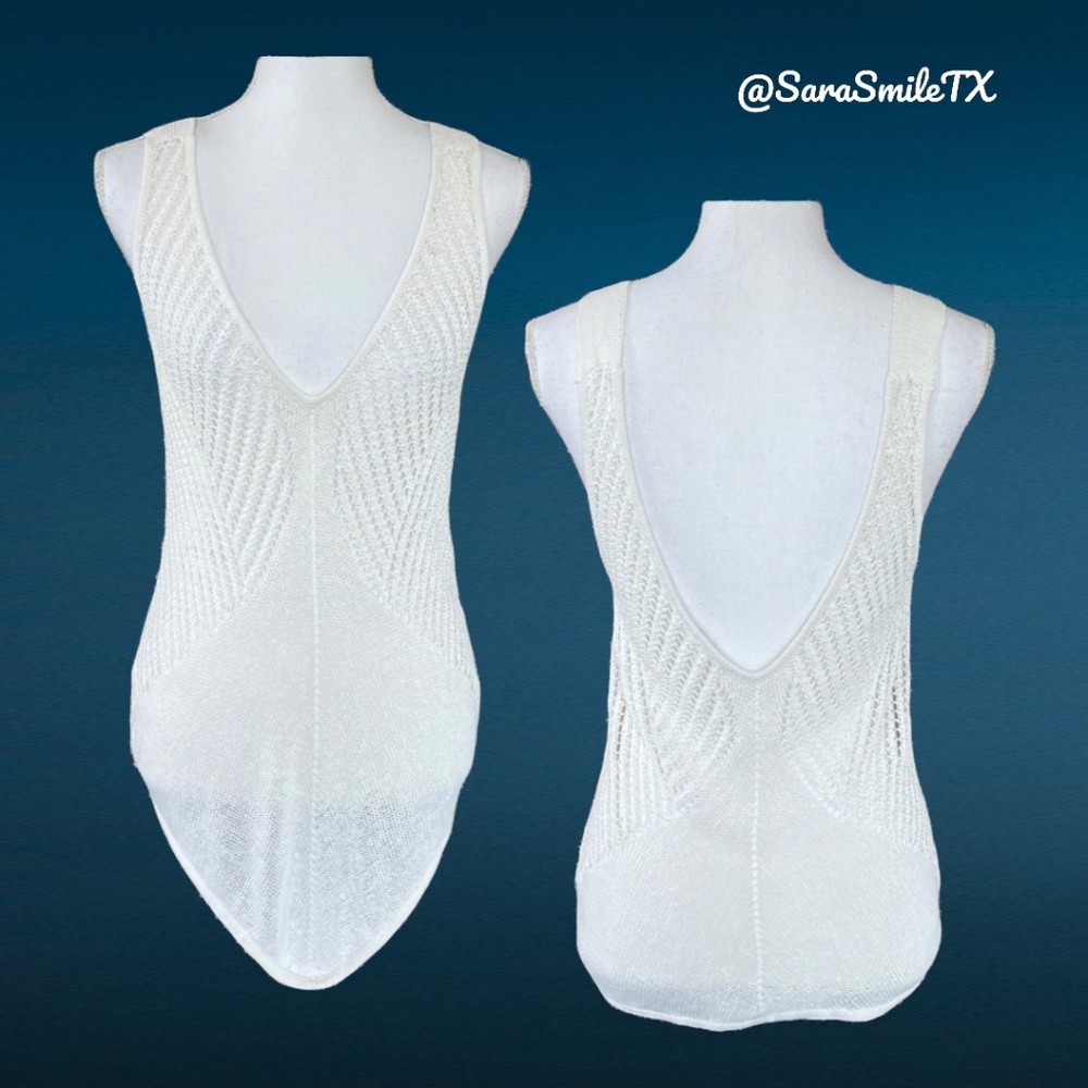 HELMUT LANG - Geometric Pointelle -  White Linen Chunky Knit Low Back Tank Top